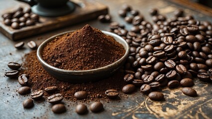 Poster - Ground coffee in a rustic bowl on an aged wooden table with coffee beans scattered around creating a warm earthy atmosphere.