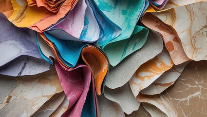 Poster - Colorful crinkled paper layers in vibrant shades of blue, orange, purple, and beige, arranged artistically against a beige marble background.