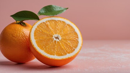 Poster - Juicy orange half with bright orange flesh and green leaf on pastel pink background, showcasing freshness and vibrant color contrast.