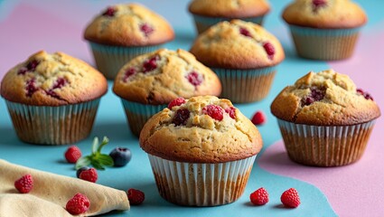 Poster - Freshly baked muffins with raspberries and blueberries on a pastel pink and blue background, arranged in a circular pattern with a napkin.