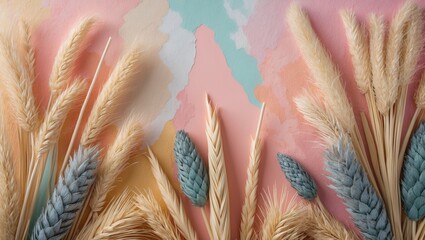 Aufkleber - Pastel colored textured backdrop featuring stylish dried plants in beige and blue arranged thoughtfully across the composition in a serene setting