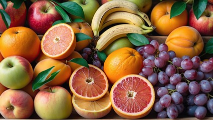 Poster - Vibrant assortment of fresh fruits including red and green apples, bananas, oranges, and grapes arranged attractively with green leaves.