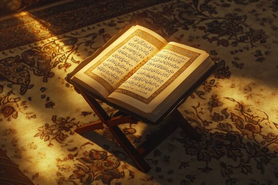 Illuminated Quran Open to Surah Al-Fatihah on Wooden Rahle with Intricate Details