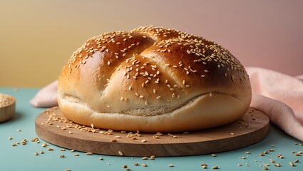 Poster - Light wheat bread bun garnished with sesame seeds on wooden board against pastel gradient background with soft pink and blue tones
