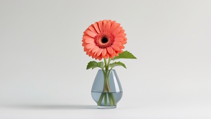 Aufkleber - Pink gerbera flower in a clear glass vase with green leaves, centered against a light gray background, highlighting its vibrant color and texture.