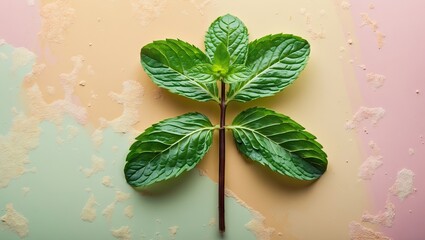 Poster - Mint leaf display on textured pastel background featuring green foliage centrally positioned with soft beige and pink hues surrounding it.