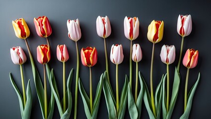 Poster - Colorful tulips in various shades of pink, red, and yellow arranged horizontally with green stems against a dark gray background.