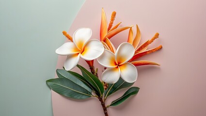 Aufkleber - Frangipani flowers in white and orange hues, positioned on a pastel pink and green background, symbolizing summer and tranquility.
