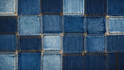 Poster - Denim fabric patchwork seamlessly arranged in various shades of blue including light and dark, creating a textured background pattern.