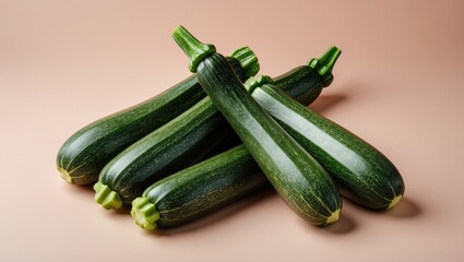 Aufkleber - Ripe green zucchinis arranged in a cluster on a soft pastel beige background showcasing their smooth texture and vibrant coloration.