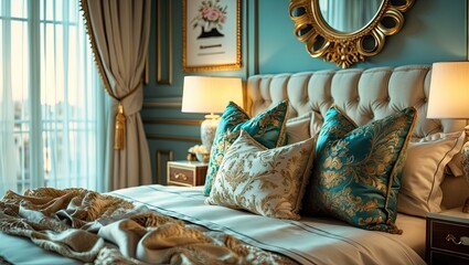Poster - Luxurious bedroom interior featuring elegant golden mirror and decorative pillows in teal and gold hues with warm lighting and classic curtains.