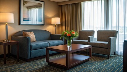 Poster - Cozy hotel room featuring a wooden coffee table at center, grey couch on the left, two armchairs on the right, with warm lighting and floral centerpiece.