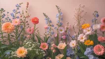 Poster - Pastel background featuring blooming summer flowers in soft pink, orange, and blue hues with lush greenery arranged in a vibrant garden composition.