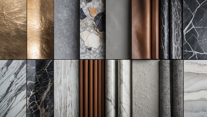 Poster - Various textured surfaces including gold, gray stone, bronze, black marble, and white stone arranged in a modern grid pattern.