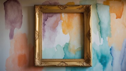 Aufkleber - Elegant golden frame centered on a wall adorned with soft watercolor shades of orange, blue, and green, creating an artistic backdrop.