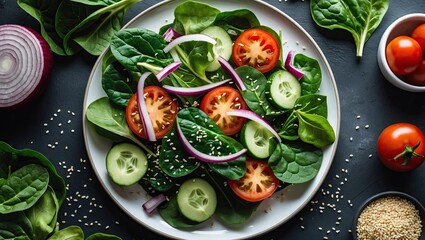 Poster - Fresh vegetable salad with spinach, lettuce, slices of tomato, cucumber, and onion topped with sesame on a round plate against a dark background.