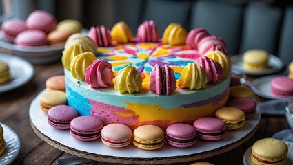 Poster - Colorful round cake with vibrant swirl icing topped with pink yellow macaroons arranged on a wooden table surrounded by more macaroons in pastel hues.
