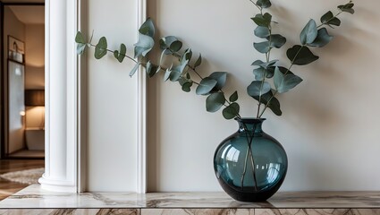 Aufkleber - Elegant glass vase filled with eucalyptus branches positioned on a stylish marble surface against a light-colored wall in a modern living room