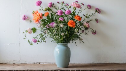 Aufkleber - Vibrant bouquet of pink and orange flowers arranged in a light blue vase on a rustic wooden table against a white wall background