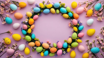 Aufkleber - Brightly colored Easter wreath arrangement on a pastel pink background surrounded by vibrant eggs and delicate flowers creating copyspace for text.