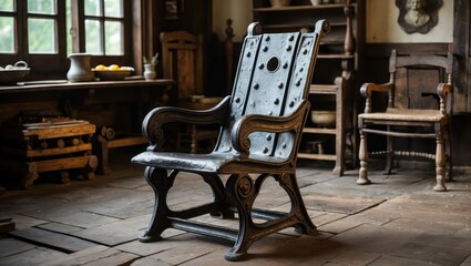 Poster - Rustic cast iron domino chair in a vintage wooden interior with warm earth tones, positioned facing a sunlit window, surrounded by antique decor.