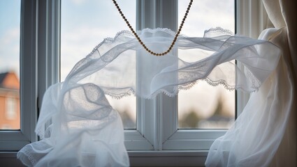 Poster - Elegant sheer white curtains flowing through an open window against a soft blurred outdoor background with warm tones and natural light.