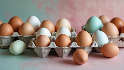 Leinwandbilder - assorted eggs in earthy tones placed in cardboard trays on a softly colored pink and green gradient 