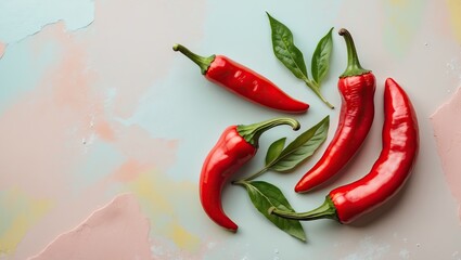 Poster - Vibrant red hot peppers arranged with green leaves on a soft pastel background featuring shades of pink and blue highlighting freshness.