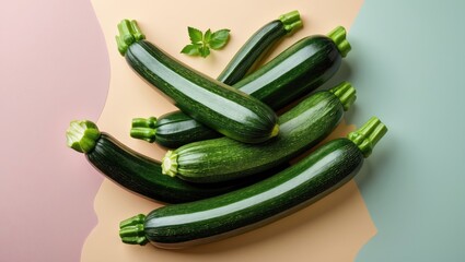 Aufkleber - Vibrant green zucchinis arranged harmoniously on a soft pastel background with light pink and teal hues, showcasing fresh vegetables and simplicity.