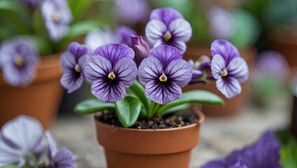 Aufkleber - Miniature potted African violets with vibrant purple flowers and green leaves against a blurred background of more plants, focused macro shot.