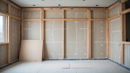 Aufkleber - Drywall renovation workspace with wooden framing at the left and unfinished drywall in light beige tones, brightened by natural light from a window.