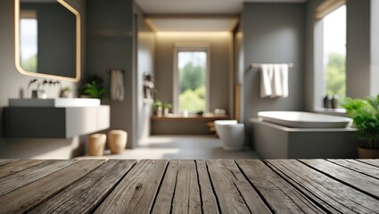 Poster - Wooden tabletop in the foreground with a blurred modern bathroom interior featuring soft gray walls, natural light, and greenery in the background.