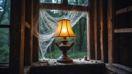 Poster - Illuminated vintage lamp with a golden shade on a wooden table against a dark backdrop of cobwebs in an abandoned house's window.