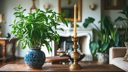 Aufkleber - Elegant blue vase with green plant beside vintage candle holder on wooden table in cozy living room with soft natural lighting and plants.