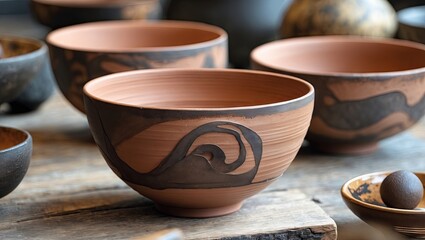 Aufkleber - Handcrafted brown clay bowls with abstract designs in wabi-sabi style displayed on a rustic wooden surface with soft natural lighting.