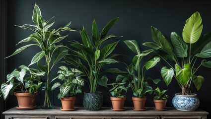 Fototapete - Lush green potted plants arranged on a wooden table against a dark wall background creating a serene indoor ambiance with rich textures and hues.