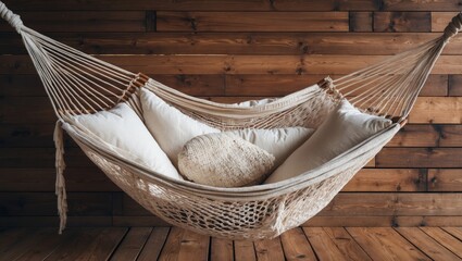 Poster - Cozy macrame hammock with white cushions resting on a rustic wooden surface surrounded by dark wooden paneling creating a warm atmosphere