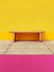 Poster - Rustic wooden bench against a vibrant yellow wall, sitting on a light beige stone surface and magenta floor. Minimalist composition.