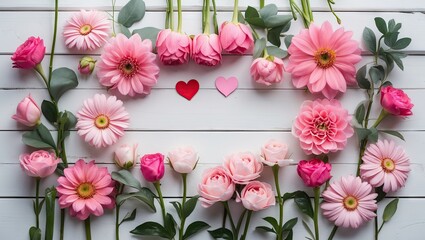 Aufkleber - Pink flowers including peonies and daisies arranged on a white wooden surface in a flat lay style with empty space for Valentine's Day text.