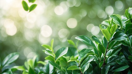 Aufkleber - Vibrant green leaves in soft focus with a gentle bokeh background, light hues blending seamlessly, ideal for overlaying text or designs.