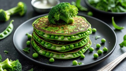Aufkleber - Vibrant green broccoli and pea pancakes stacked elegantly on a black plate with fresh greens and a creamy dip on the side, depicting healthy vegan cuisine.