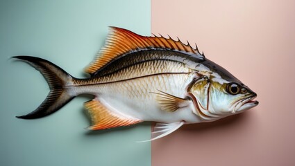 Poster - Isolated fresh ray fish with vibrant orange and silver hues on a split pastel green and pink background showcasing food presentation.