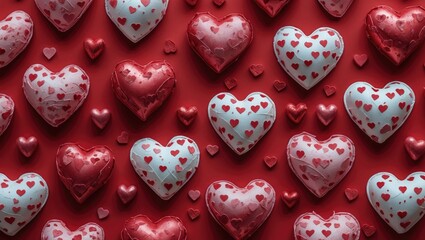 Aufkleber - Colorful heart shapes in various sizes on a vibrant red background creating a romantic and festive atmosphere for celebrations and events.