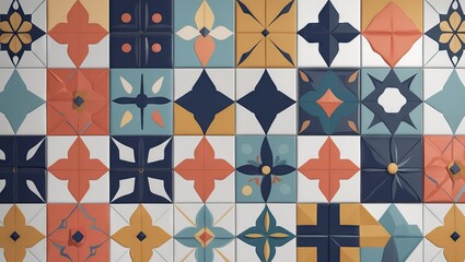 Fototapete - Colorful geometric ceramic tile pattern with orange, navy blue, teal, and beige elements arranged in a harmonious, symmetrical layout.