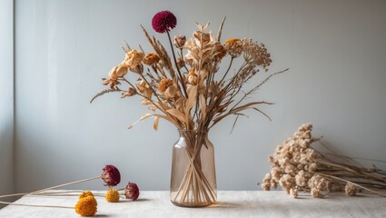 Leinwandbilder - Dried pastel flowers in a transparent vase on a light wooden table with a soft gray background, featuring space for text below the arrangement.