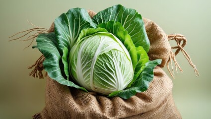 Poster - Fresh Chinese cabbage nestled in a burlap sack with vibrant green leaves, set against a soft pastel background for a rustic and natural feel.