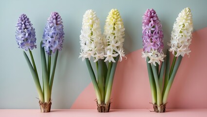 Poster - Pastel background with three clusters of vibrant hyacinth flowers in purple, white, and yellow arranged in a row showcasing their natural beauty.