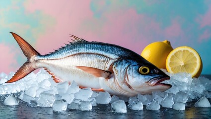 Poster - Fresh whole fish rested on crushed ice, accompanied by vibrant lemons, set against a dreamy pastel-colored background with soft hues.