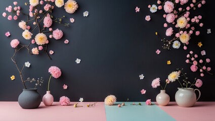 Aufkleber - Spring-themed floral arrangement with pastel accents on a dark background featuring pink and yellow flowers with a blue and pink base.