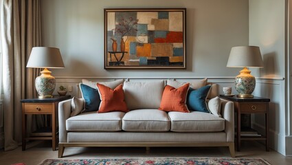 Poster - Elegant living room interior showcasing a neutral sofa adorned with orange and teal pillows, flanked by stylish lamps and side tables, with artwork.
